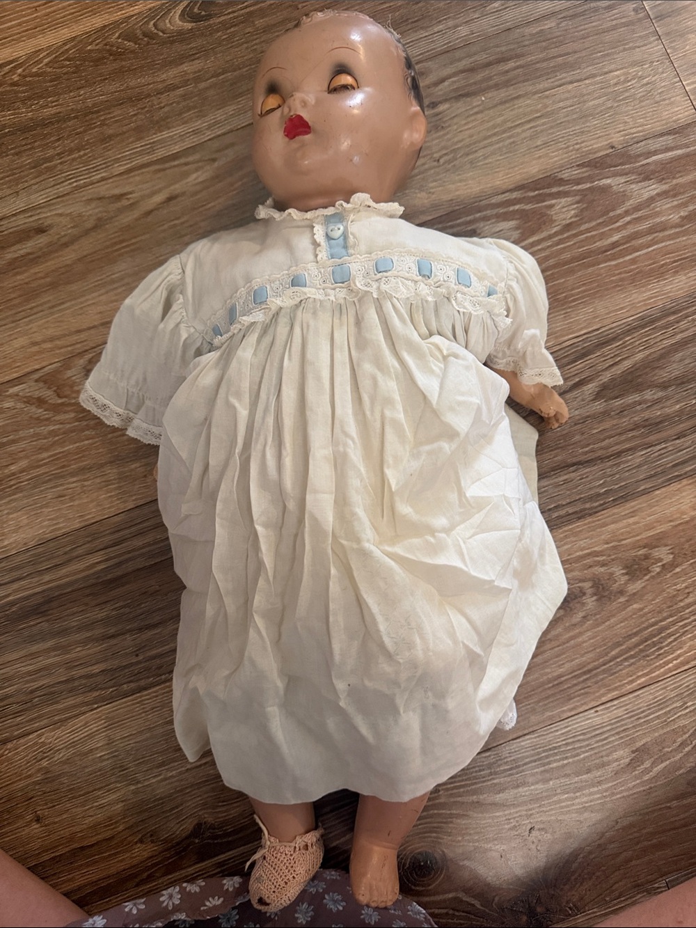 Antique Vintage Baby Doll in White Dress with Blue Trim